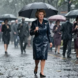 margaret thatcher drenched in torrential rainstorm, full body, atmospheric moody hyper realistic award winning color cinematic still 8 k