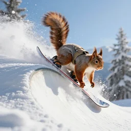 a squirrel snowboarding down a mountain in half - pipe photograph fantasy, snow particles