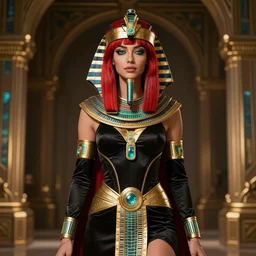 red - haired final fantasy egyptian pharaoh, warframe armor, regal, attractive, ornate, sultry, sexy, beautiful, elize theron, pretty face, green eyes, scifi platform, 4 k, ultra realistic, epic lighting, illuminated, cinematic, black gold, art by akihito tsukushi, voidstar