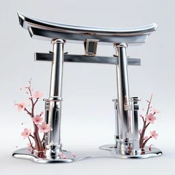3 d photographic render of melting japanese torii gate and sakura flowers sculpture made of chrome, chrometype, made of liquid metal, neotribal with thorns and thunders, cyberpunk, raytracing, fov, hyper realistic, volumetric lightning, 8 k, by zhelong xu and ouchh studio