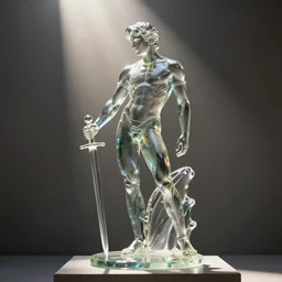 a statue of a beautiful young fit man wielding a sword, made of transparent glass, on a pedestal, by philippe starck and victoria hagan, cinematic lighting, sunrays from above, detailed digital photography by rutkovski and beksinski, masterpiece, gorgeous, 4 k