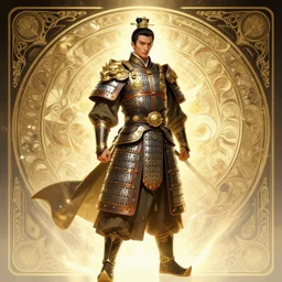 a digital concept ar by artgerm and greg rutkowski and alphonse mucha. clear portrait of a lonely attractive men in uniform of tang dynasty!! heavy armored cavalry of the tang dynasty!! light effect. hyper detailed, character concept, full body!! dynamic pose, glowing lights!! intricate, elegant, artstation, concept art, smooth, sharp focus, illustration