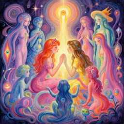 a psychedelic realm where astral beings share love, greg rutkowski, wlop, lisa frank, bob ross, ruan jia, illustration