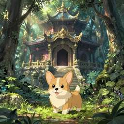a corgi puppy in an ancient magestic forest temple, scene from an anime by studio ghibli, beautiful, serene, detailed