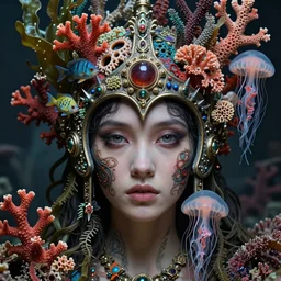 hyperrealistic detailed face portrait photo of the beautiful young goddess of the red coral reef with an intricate helmet of corals, sea kelp, sea plants, fish, jellyfish, sharp focus, moody atmosphere, highly detailed art by ernst haeckel, h. r. giger, alphonse mucha, gothic, neo - gothic, hyper - ornamental,