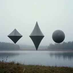 3 d primary shapes floating above a lake in rural alberta, fog, vhs footage, 1 9 8 0 s