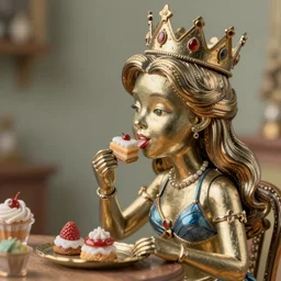 highly detailed closeup, face profile portrait of a tin toy shelley duvall as a fairytale princess wearing a crown eating cakes, bikini, unreal engine, nicoletta ceccoli, mark ryden, earl norem, lostfish, global illumination, detailed and intricate environment