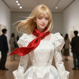 museum curator, light gold hair, splendid white polygonal designer dress with triangle patterns, red silk scarf, body portrait, slight smile, windy, highly detailed, digital painting, trending on artstation, pixiv, concept art, sharp focus, intricate, 4k, illustration, art by wlop and hayao miyazaki and takato yamamoto and james jean and miho hirano