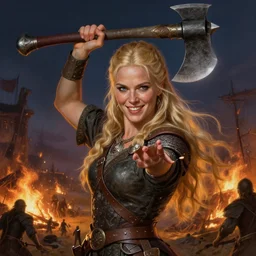 an ultradetailed portrait of a beautiful and tough looking blonde viking woman, holding a battleaxe above her head, fantasy, intricate, elegant, highly sharp focus, illustration, digital painting, smiling playfully, burning village in the background, night time raid, 8 k, artstation, fine detail, art by frank frazetta, john collier, albert aublet, krenz cushart, artem demura, and alphonse mucha