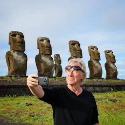 Roger Waters taking a selfie with the eastern island statues, Real Event, Realistic, HDR, 8K