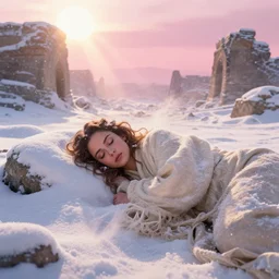 epic face portrait of Mila Kunis warmly clothed sleeping in deep snowy snow, ancient ruins, prism sun rays through wind swept snow, pink golden hour, intricate, highly detailed, epic vista, very crispy, Ralph Horsley, Daniel F. Gerhartz, Artgerm, Boris Villajo, Lilia Alvarado