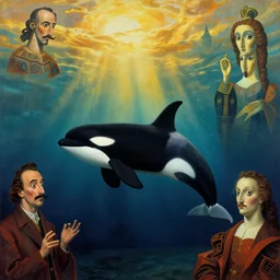 view of underwater landscape with an orca, bold colours, atmospheric, surrealist, golden hour, highly detailed, dramatic lighting, moody, by dali and moebius and picasso and corben and giorgio de chirico and el greco and munch