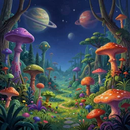 a forest of alien plants and fungi, planets visible in the sky, award winning concept art, colorful, vibrant, surreal, from a science fiction book cover, trending on artstation