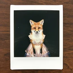 polaroid of a fox in a dress