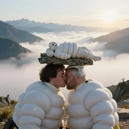 michelin man sleeping on top of each other, kissing each other, and wandering trough the mountains looking at the clouds very detailed focused photography cinematic lighting, sun and shadows, taken by martin parr, colour photo kodachrome ( ( ( ( ( ( ( ( ( black and white ) ) ) ) ) ) ) )