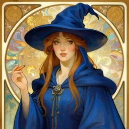 Portrait of a female wizard with blue robes, digital art, art by Alphonse Mucha, Greg Rutkowski, Alex Ross, WLOP, Artstation, 8K