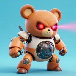 sideview of cute chubby dangerous angry 3 years old robots kids in battle pose ruling the world with oversized teddy bear head big glowing laser red eyes and big bear ears , big complex belly mechanism , studio light, wapor wave retro design trending by greg rutkowski