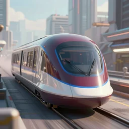 modern concept art for a maglev train speeding though a city, soft lighting, 3d render, 8k, maroon and blue accents, metallic reflections, star citizen origin 100i, central train focus, close up, cyberpunk 2077, skyline in background.