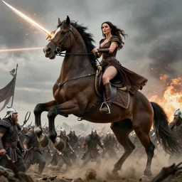 monica bellucci riding a giant stallion, dressed in fantasy garb like in Dino De Laurentis Conan movie, with lighting shooting out of the blade destroying hoards of vikings, realistic, 4k