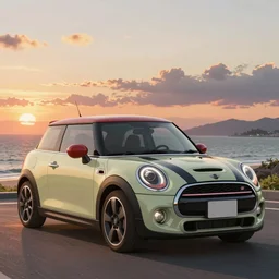 anime art vehicle concept art, anime key visual of mini cooper s, at sunset at a beach, trending on pixiv fanbox, studio ghibli, extremely high quality artwork