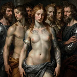 8 k hyper detailed perfect renaissance painting of adam and eve covered in dark tattoos on chest neck and face, futuristic robes, muscular, intricate details, award winning, intricate photo realistic faces, art by michaelangelo and rembrandt, post - processed, taste of horror