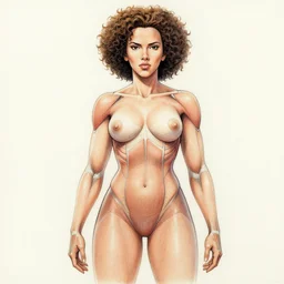 scarlett johansson as baki with perfect symmetrical anatomical proportions, afro samurai animes style, by greg rutkowski, pencil and ink, full colour, dramatic lighting, wide angle lens, full body within frame, wearing leather swim suite, beautiful beach in the background sharp, smooth, intricate detail, hyper detail, vogue