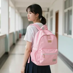 Young Aphrodite with pink backpack in a high school hallway, full color photograph, ornately detailed, hyperrealistic, highly detailed face, 8k hd, best of artstation, soft lighting, magazine image