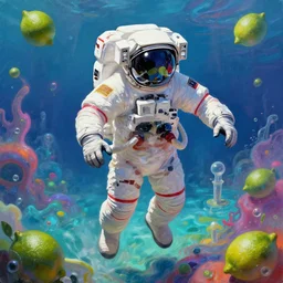 a digital painting of an astronaut!!!!!! floating in a bright colorful alien ocean surrounded by limes!!!!!!, sharp focus, retro futuristic, 8 k, highly detailed, lovecraftian by todd schorr