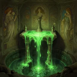 altar in a puritan underground sewerage network, unadorned, green glowing slime flowing down from the sewers, intricate, highly detailed, digital painting, artstation, concept art, cinematic lighting, illustration, by artgerm, greg rutkowski, alphonse mucha, cgsociety