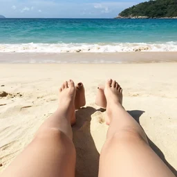 instagram photo of two legs in a paradisiac beach, realistic, 8 k