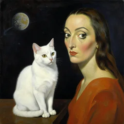 painting of a white cat and human female by salvador dali, outer space