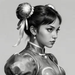 hyperdetailed profile portrait of a realistic street fighter chun - li, grayscale, by greg rutkowski, highly detailed, digital painting, artstation, smooth, sharp focus illustration, artstation hq. intricate, elegant, 8 k, unreal engine. art by wlop and artgerm and ayami kojima. dan mumford, tomokazu matsuyama, takato yamamoto