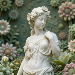an idealistic marble statue with fractal flowery hair in a fractal garden, unreal engine, 8k render, beautiful, full frame,