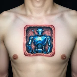 chest tattoo of a square hole in the skin with a shiny blue metallic robot mechanic inside under the skin, insanely integrate,
