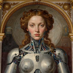 beautiful mural of a young cyborg queen, android, renaissance art style, beautiful details, tech implants, piercing gaze, glowing eyes, elegant, striking composition, highly  detailed ornate sci fi background, mural in the style of caravaggio, albrecth durer