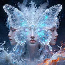 3 d goddess butterfly face portrait, face in the center, bioluminescent, beautiful transculent intricate highly detailed quetzalcoatl feathers. ice, galaxy, plasma, lava, milk, artwork by wlop and tooth wu and artgerm, 8 k trending on artstation, volumetric lighting