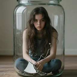 a realistic portrait of a broken girl sitting inside a glass jar