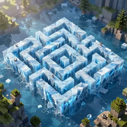 wimmelbilder maze made of ice and water, isometric, octane render, very sharp, optifine, realistic minecraft, particle effects, beautiful