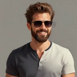 handsome man smiling with a beard wearing sunglasses and a two-tone shirt, Mark Edward Fischbach, intricate, highly detailed, digital painting, artstation, concept art, smooth, sharp focus, illustration, gta v cover art, Unreal Engine 5, 8K, art by artgerm and greg rutkowski and alphonse mucha