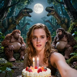 photo, hairy fat cave people, emma!! watson!!, looking at camera, surrounded by dinosaurs!, gigantic forest trees, sitting on rocks, bright moon, birthday cake on the ground, front close - up view of her face, selfie, jelly!! monster!!