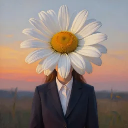 giant daisy flower covering head, frontal, a girl in a suit, surreal photography, sunrise, dramatic light, impressionist painting, digital painting, artstation, simon stalenhag