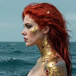portrait of red head woman :: side profile :: in ocean :: guns and bullets ::  metallic details :: gold and petals pattern :: blood and horror ::  by marvel and Sandra Chevrier