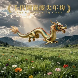 A Chinese dragon flying in a land full of grass and flowers with mountains in the back, in the style of Hokusai