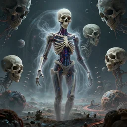bone and teeth with cosmic circuitry and futuristic technology rearranging body form, ghostly figure, morphing skulls, an evolution of evil, a floating landscape, a portal, and some twisted alien planets, abstract, voodoo, by antoine wiertz and noah bradley, visually stunning, cinematic, ultra realistic, hyper realism, 1 2 k, epic, octane render, unreal engine, vfx, maya