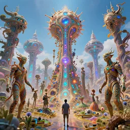 dmt trip interdimensional beings reveal the truth by raymond swanland, highly detailed, bright tones