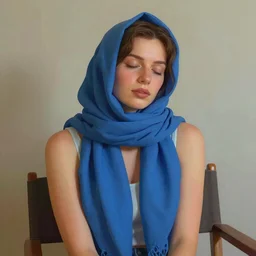 A beautiful digital art of a lady with a blue scarf on her head, sitting in a chair with her eyes closed. photoshop, volumetric lighting by Martine Johanna, by James C. Christensen jaunty