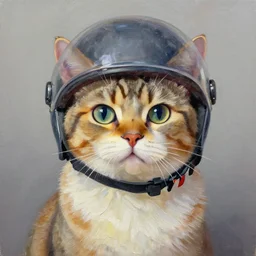 palette knife oil painting of a cat wearing a helmet