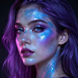 hyperrealistic intricate close-up of beautiful moonchy woman with purple hair and pearlescent blue skin hannah yata machiej kuciara dramatic neon lighting on one side