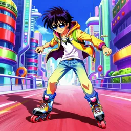 eccentric man, colorful clothes, sunglasses, rollerblades, cel - shading, 2 0 0 1 anime, flcl, jet set radio future, the world ends with you, futuristic city, japanese city, colorful buildings, cel - shaded, strong shadows, vivid hues, y 2 k aesthetic, art by artgerm