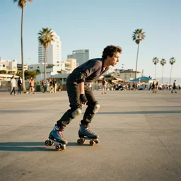 a roller skater in a cinematic shot in santa monica, mid - afternoon, canon eos c 3 0 0, ƒ 1. 8, 3 5 mm, 8 k, medium - format print, inspired by roger deakins cinematography